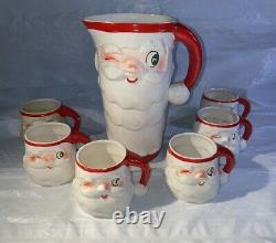Vintage 1959 Christmas HOLT HOWARD ceramic winking Santa pitcher & 6 cups mugs