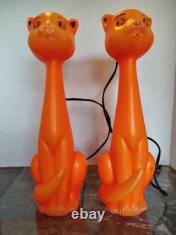 Vintage 1960's Orange Halloween Cat Plastic Blow Mold Light Up Bank Rare Pair