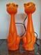 Vintage 1960's Orange Halloween Cat Plastic Blow Mold Light Up Bank Rare Pair