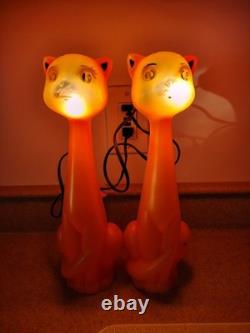 Vintage 1960's Orange Halloween Cat Plastic Blow Mold Light Up Bank Rare Pair