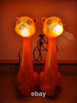 Vintage 1960's Orange Halloween Cat Plastic Blow Mold Light Up Bank Rare Pair