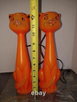 Vintage 1960's Orange Halloween Cat Plastic Blow Mold Light Up Bank Rare Pair