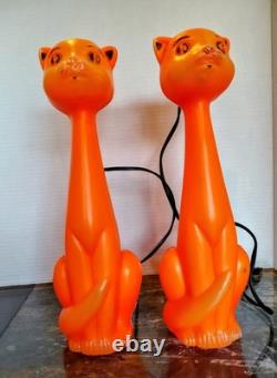 Vintage 1960's Orange Halloween Cat Plastic Blow Mold Light Up Bank Rare Pair