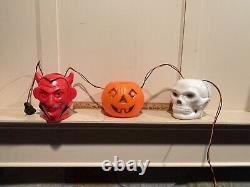 Vintage 1960s Halloween Blowmold Light String Red Devil JOL Skull Peerless