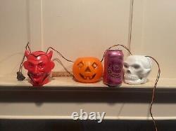 Vintage 1960s Halloween Blowmold Light String Red Devil JOL Skull Peerless