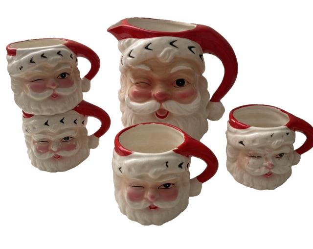 Vintage 1961 Inarco Winking Happy Santa Tom And Jerry Set Pitcher & 4 Mugs