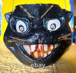 Vintage Antique Papier Mache Halloween Black Scaredy Cat Candy Container Lantern