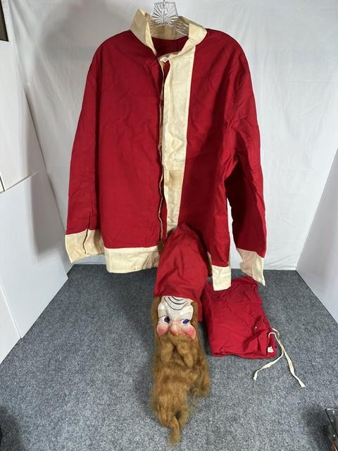 Vintage Antique Santa Claus Costume Suit Gauze Painted Mask Long Brown Beard