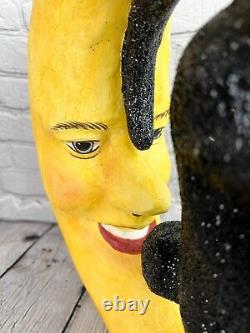 Vintage BETHANY LOWE Halloween Paper Mache Man in the Moon Glittered Black Cat