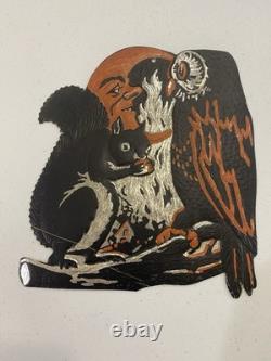 Vintage Beistle Diecut Owl Squirrel Moon Silver Foil Black Orange 1932