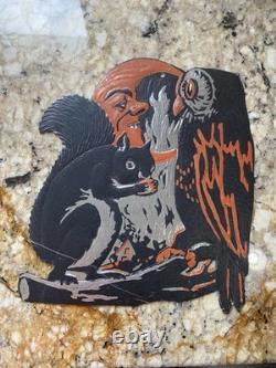Vintage Beistle Diecut Owl Squirrel Moon Silver Foil Black Orange 1932