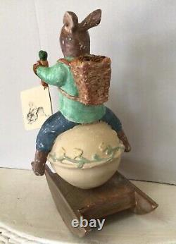 Vintage Bethany Lowe Easter Bunny Rocker Candy Container 10x7 Folk Art