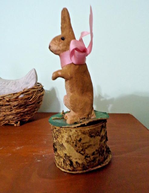 Vintage Bunny Rabbit Paper Mache Candy Container On Cardboard Holder 6 Unusual