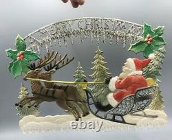 Vintage CHRISTMAS Glitter SANTA CLAUS Sleigh REINDEER Embossed DIE CUT 13-inch