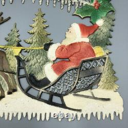 Vintage CHRISTMAS Glitter SANTA CLAUS Sleigh REINDEER Embossed DIE CUT 13-inch