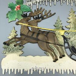 Vintage CHRISTMAS Glitter SANTA CLAUS Sleigh REINDEER Embossed DIE CUT 13-inch