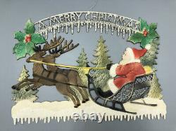 Vintage CHRISTMAS Glitter SANTA CLAUS Sleigh REINDEER Embossed DIE CUT 13-inch