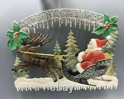 Vintage CHRISTMAS Glitter SANTA CLAUS Sleigh REINDEER Embossed DIE CUT 13-inch