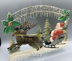 Vintage CHRISTMAS Glitter SANTA CLAUS Sleigh REINDEER Embossed DIE CUT 13-inch