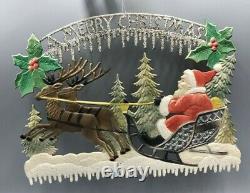 Vintage CHRISTMAS Glitter SANTA CLAUS Sleigh REINDEER Embossed DIE CUT 13-inch