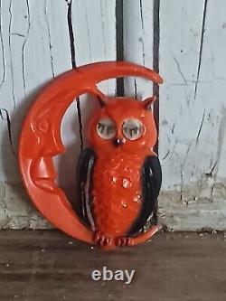 Vintage Celluloid Halloween Owl in Moon Pin Blinking Eyes Moon Has Both Ends