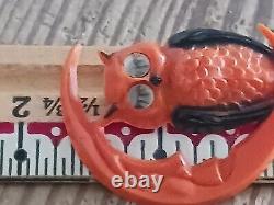 Vintage Celluloid Halloween Owl in Moon Pin Blinking Eyes Moon Has Both Ends