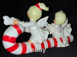 Vintage Ceramic Christmas Figurine'merry Christmas' Angels On Candy Cane Sled