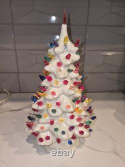 Vintage Ceramic Christmas Tree 12 Tall 7 Wide White Opalescent Signed By Ruth