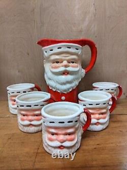 Vintage Ceramic Santa Face Pitcher & 5 Mugs