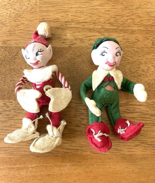 Vintage Christmas Holiday House Jump Jump Elves Lot Of Two Pixies Poseable 1940s