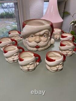 Vintage Christmas Santa Claus Ceramic Punch Bowl with Ladle and 8 Cups Rare