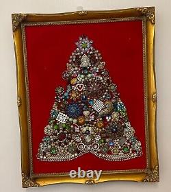 Vintage Costume Jewelry Christmas Tree Lighted Framed Retro Decor needs TLC