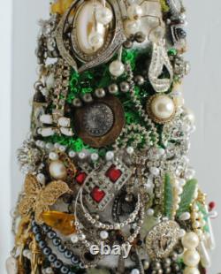 Vintage Costume Jewelry Hand-Crafted Christmas Tree 20 with Stand OOAK