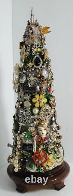 Vintage Costume Jewelry Hand-Crafted Christmas Tree 20 with Stand OOAK