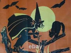 Vintage Dennison Crepe Halloween Witch Black Cat Jol Moon Bats 33 X 19.75