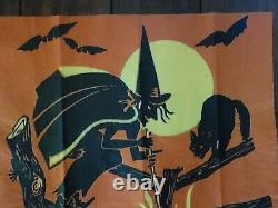 Vintage Dennison Crepe Halloween Witch Black Cat Jol Moon Bats 33 X 19.75