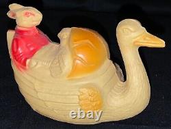 Vintage Easter Celluloid Plastic Toy Goose Carrying Rabbit & Chick