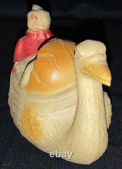 Vintage Easter Celluloid Plastic Toy Goose Carrying Rabbit & Chick