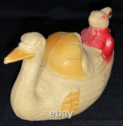 Vintage Easter Celluloid Plastic Toy Goose Carrying Rabbit & Chick