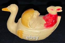 Vintage Easter Celluloid Plastic Toy Goose Carrying Rabbit & Chick