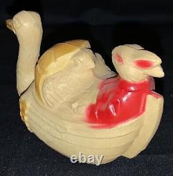 Vintage Easter Celluloid Plastic Toy Goose Carrying Rabbit & Chick