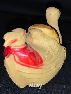 Vintage Easter Celluloid Plastic Toy Goose Carrying Rabbit & Chick