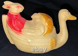 Vintage Easter Celluloid Plastic Toy Goose Carrying Rabbit & Chick