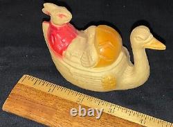 Vintage Easter Celluloid Plastic Toy Goose Carrying Rabbit & Chick