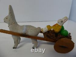 Vintage German Paper Mache Composition Easter Rabbit Pulling Bunny in Cart