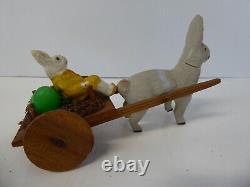 Vintage German Paper Mache Composition Easter Rabbit Pulling Bunny in Cart