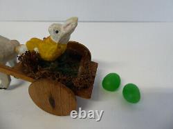 Vintage German Paper Mache Composition Easter Rabbit Pulling Bunny in Cart