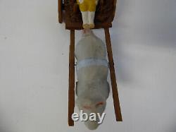 Vintage German Paper Mache Composition Easter Rabbit Pulling Bunny in Cart