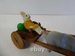 Vintage German Paper Mache Composition Easter Rabbit Pulling Bunny in Cart