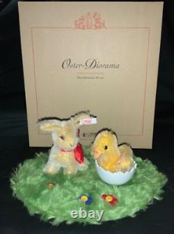 Vintage German Steiff Easter Diorama Mohair Bunny & Chick On Wool Base